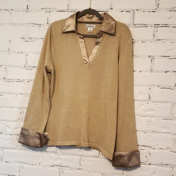 Gold knit long sleeved top w/ satin cuffs and collar - Picture 1 of 5